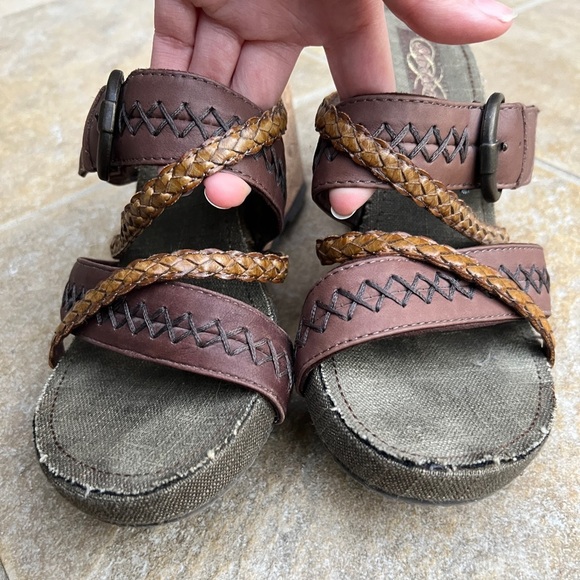 Y2K Skechers Leather Braide Modiste Electric Bond Chocolate Cork Wedge Sandals 8 - Picture 9 of 14